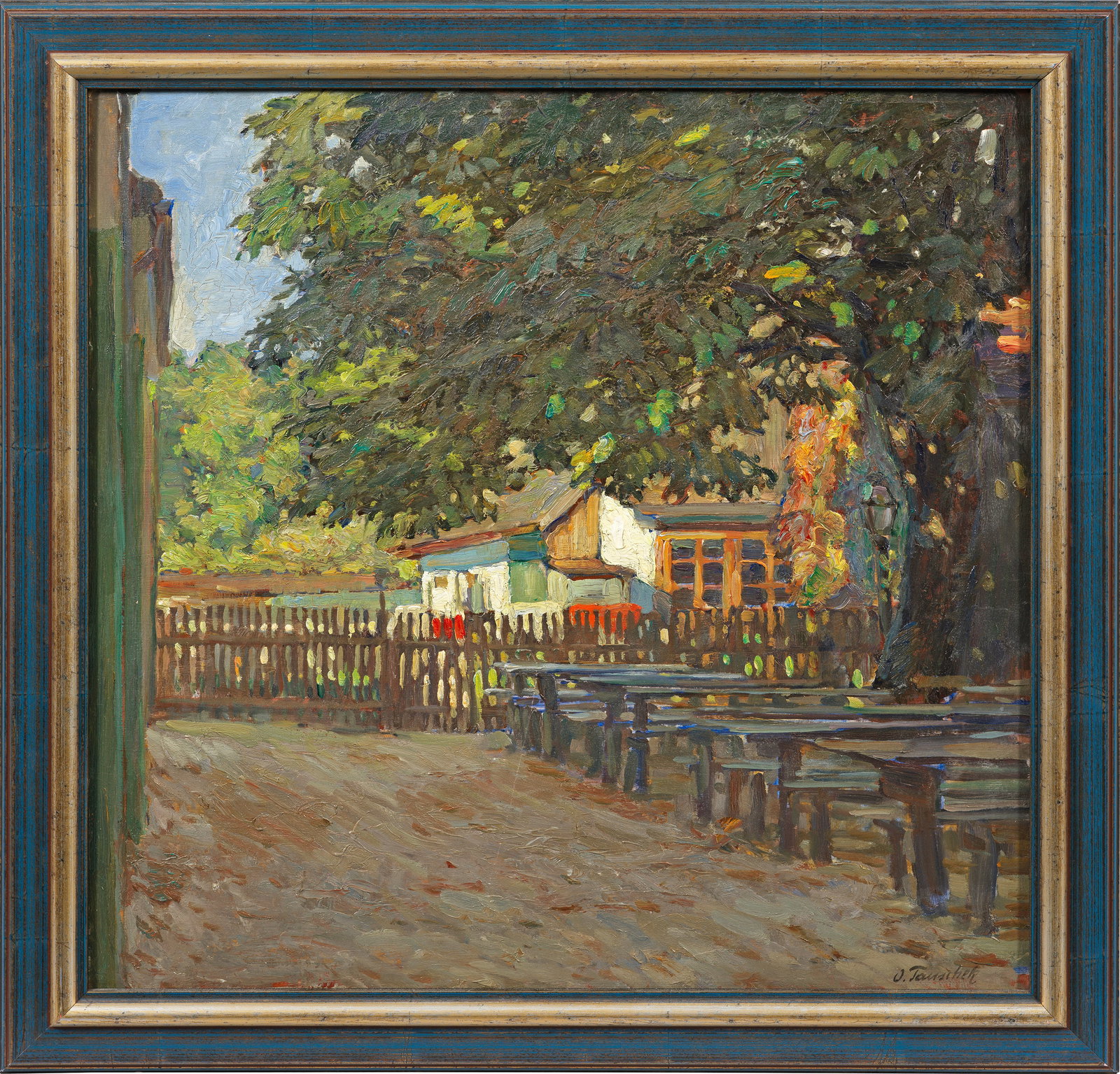 Otto Tauschek: (1881 Wien - 1971 Penzberg) Münchener Biergarten Impressionistische Landschaft Tauscheks, der zunächst an der Wiener Akademie studierte, bevor er als freischaffender Künstler in München tätig war