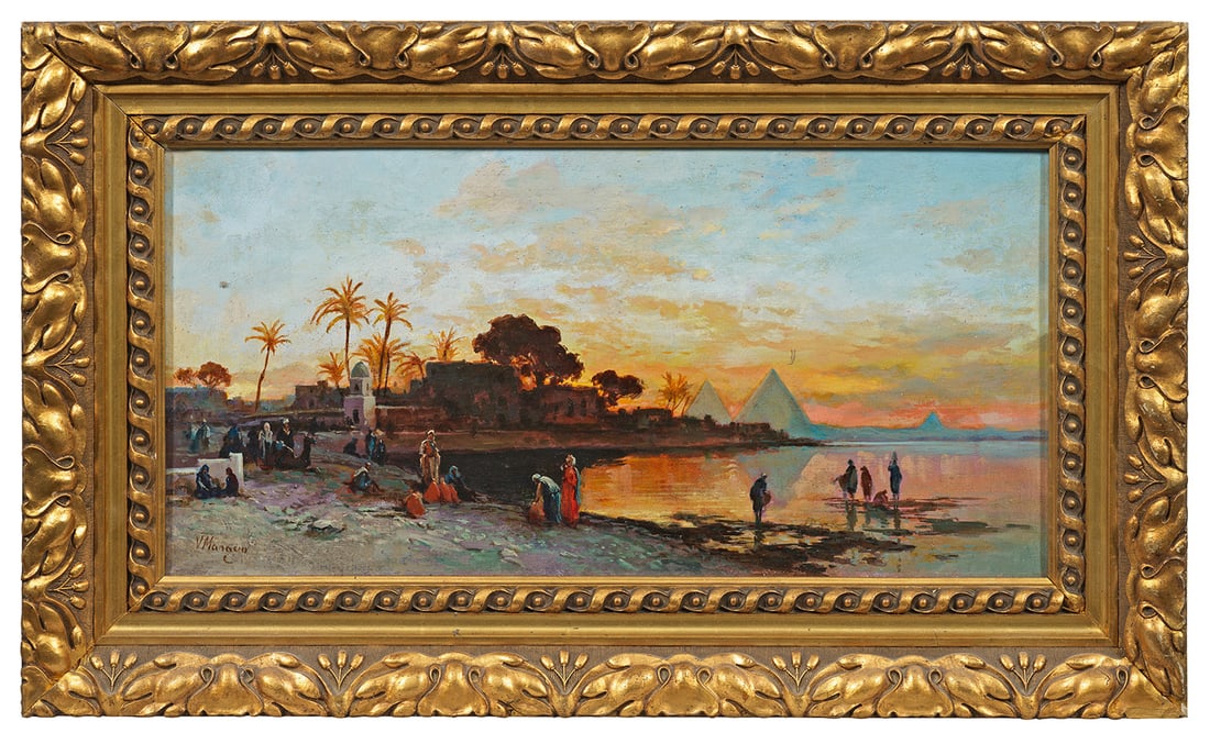 Vincent Manago: (1880 Toulon - 1936 Paris) Abendstimmung am Nil mit Blick auf die Pyramiden von Gizeh Impressiv aufgefasstes, durch seine teilw. intensiven, glühenden Farben beeindruckendes Werk Managos, der an der 