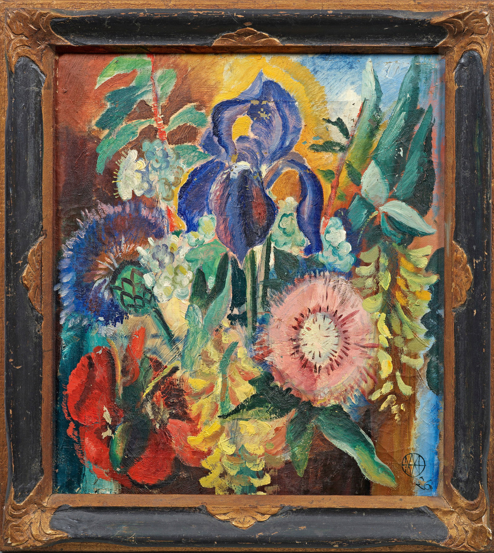 Deutscher oder österreichischer Expressionist: (Tätig 1. Hälfte 20. Jh.) Blumenstillleben Die kompakt gebündelte Komposition aus unterschiedlichen Blumen entspricht im harten, impulsiven Stil und im kontrastiven Kolorit ganz dem Expressionismus
