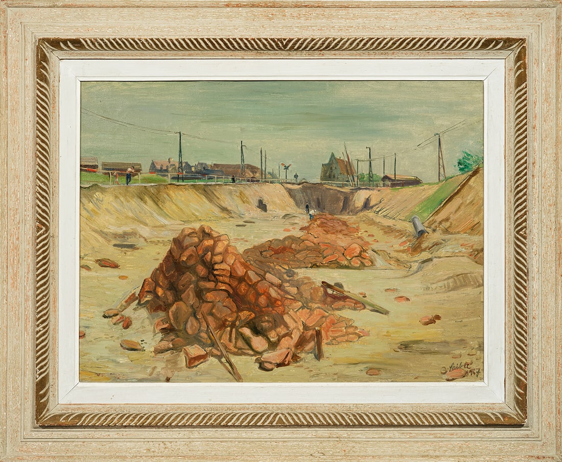 Otto Laible: (1898 Haslach im Kinzigtal - 1962 ebenda) "Baustelle am Kher (/) Rheinhafen". Originaltitel In lichten Farben und pastelltoniger Palette schildert Laible hier vermutlich den Ausbau des Krefelder Rhein