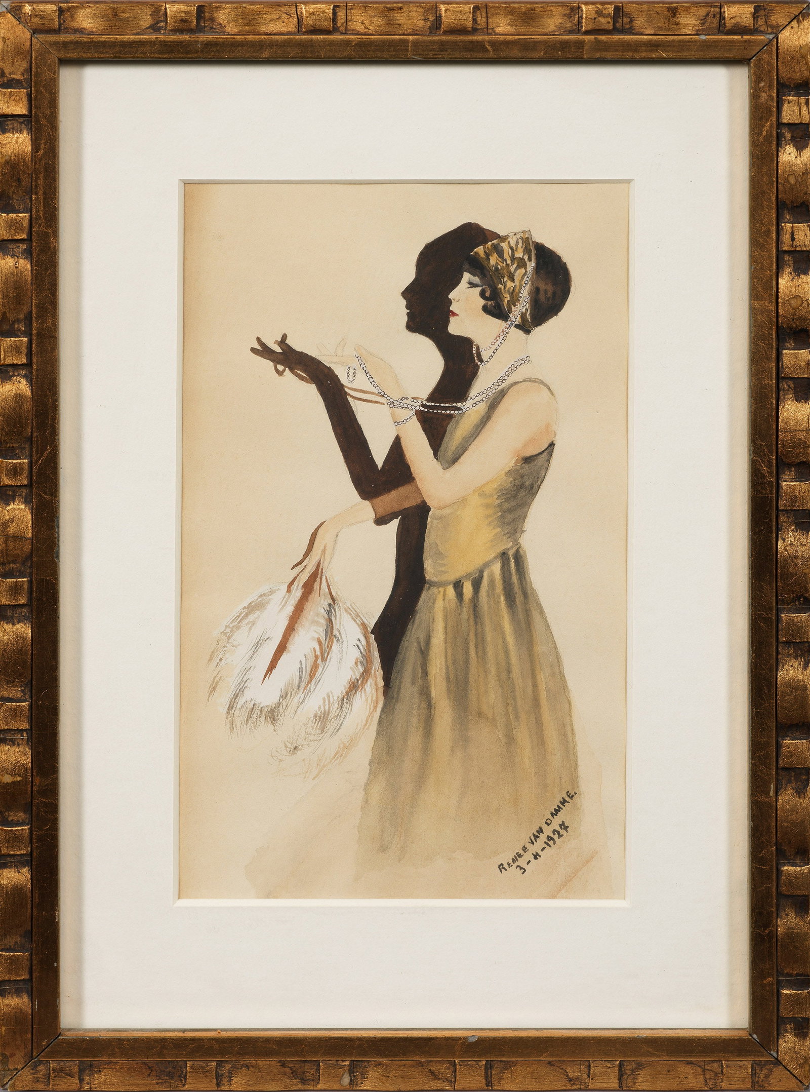 Renee van Damme: (Niederlande oder Belgien; Tätig in den 1920er Jahren) Salondame der Goldenen Zwanziger Elegante, mit ausdrucksstarkem, bühnenhaftem Schattenspiel angelegte Modezeichnung, die nicht nur in dem lose 