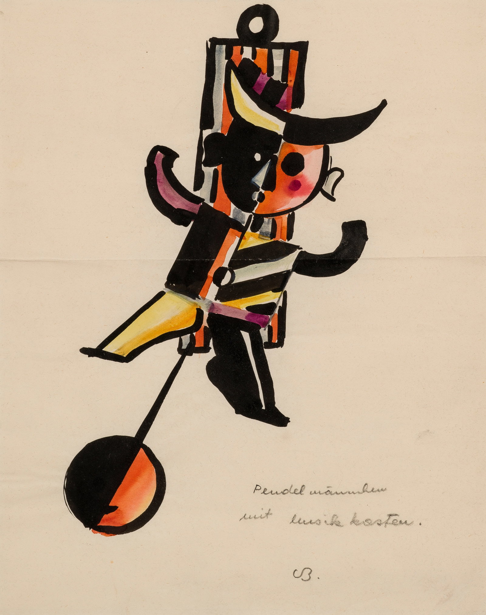 Camilla Birke: (1905 Wien - 1988 Soest/Niederlande) "Pendelmännchen mit Musikkasten". Originaltitel Um 1925 entstandenes Blatt der österreichischen Textilkünstlerin und Gestalterin, die seit 1919 an der Wiener Ku