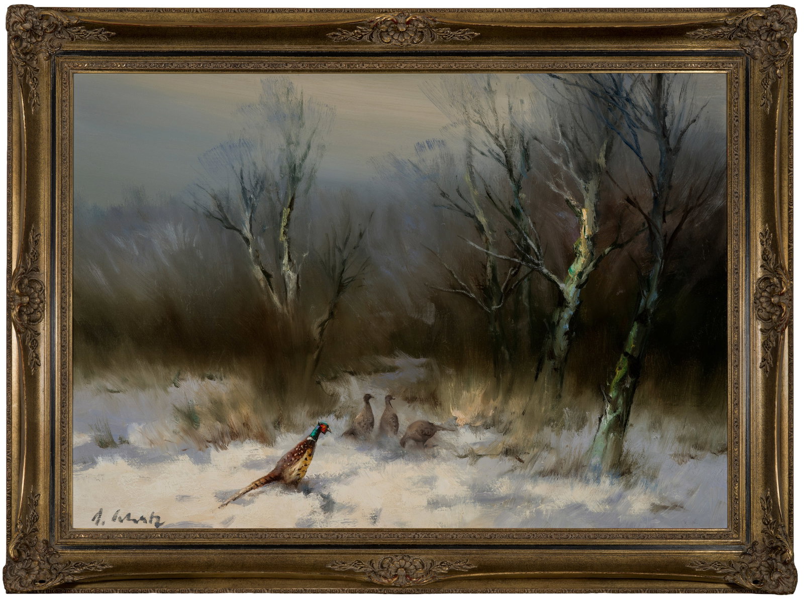 Arnold Schatz: (1929 Stepnitz/Polen - 1999 Bielefeld) Fasane im Schnee Auf einem verschneiten Waldweg sind drei graubraune Fasanenhennen und ein buntgefiederter Fasanenhahn mit der kargen Futtersuche im Schnee