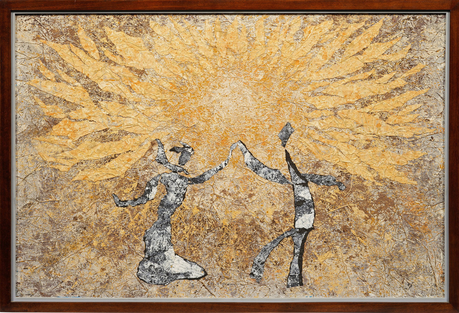 Gerd Riemann: (Tätig im 20. Jh.) Tanzende Expressiv-figurative Komposition zweier Figuren in tänzerischer Bewegung vor dem Hintergrund einer großen Sonnenblumenblüte des in Bremen tätigen Künstlers und