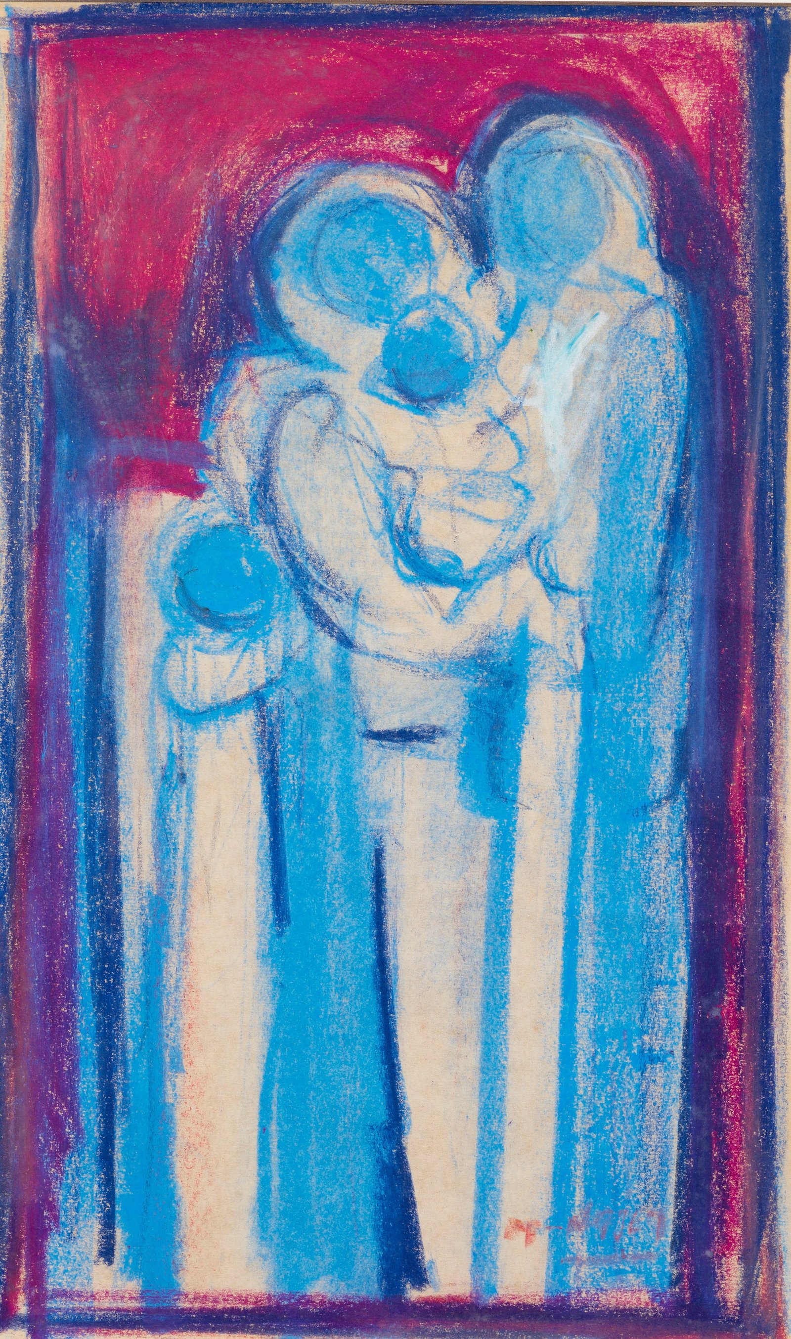 Mounir Najem: (1933 Deir El Qamar/Libanon - 1990) Familie In skizzenartigem Duktus mit sicherer Hand in wenigen Blautönen rasch erfasste Figurengruppe, Vater und Mutter mit zwei Kindern vorstellend, welche sich vo