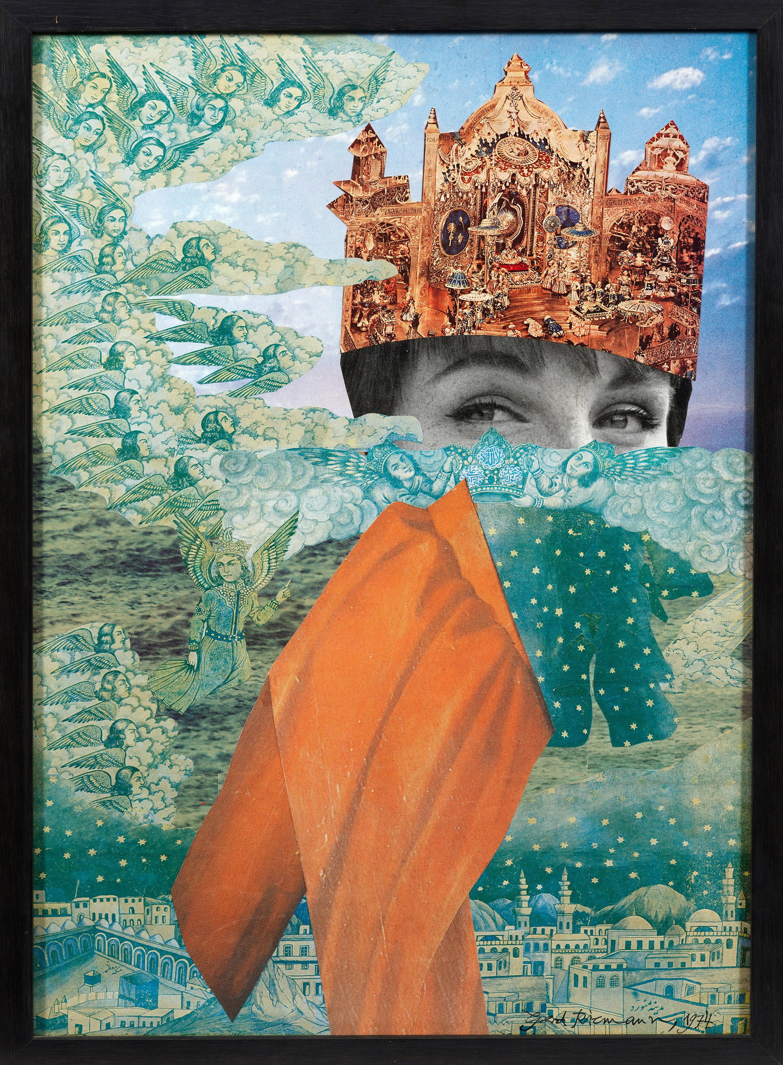 Gerd Riemann: (Tätig im 20. Jh.) "Königin des Orients". Originaltitel Surrealistische Komposition eines gekrönten Damenhaupts in einer von Engeln und orientalischen Motiven geprägten Phantasielandschaft des in 
