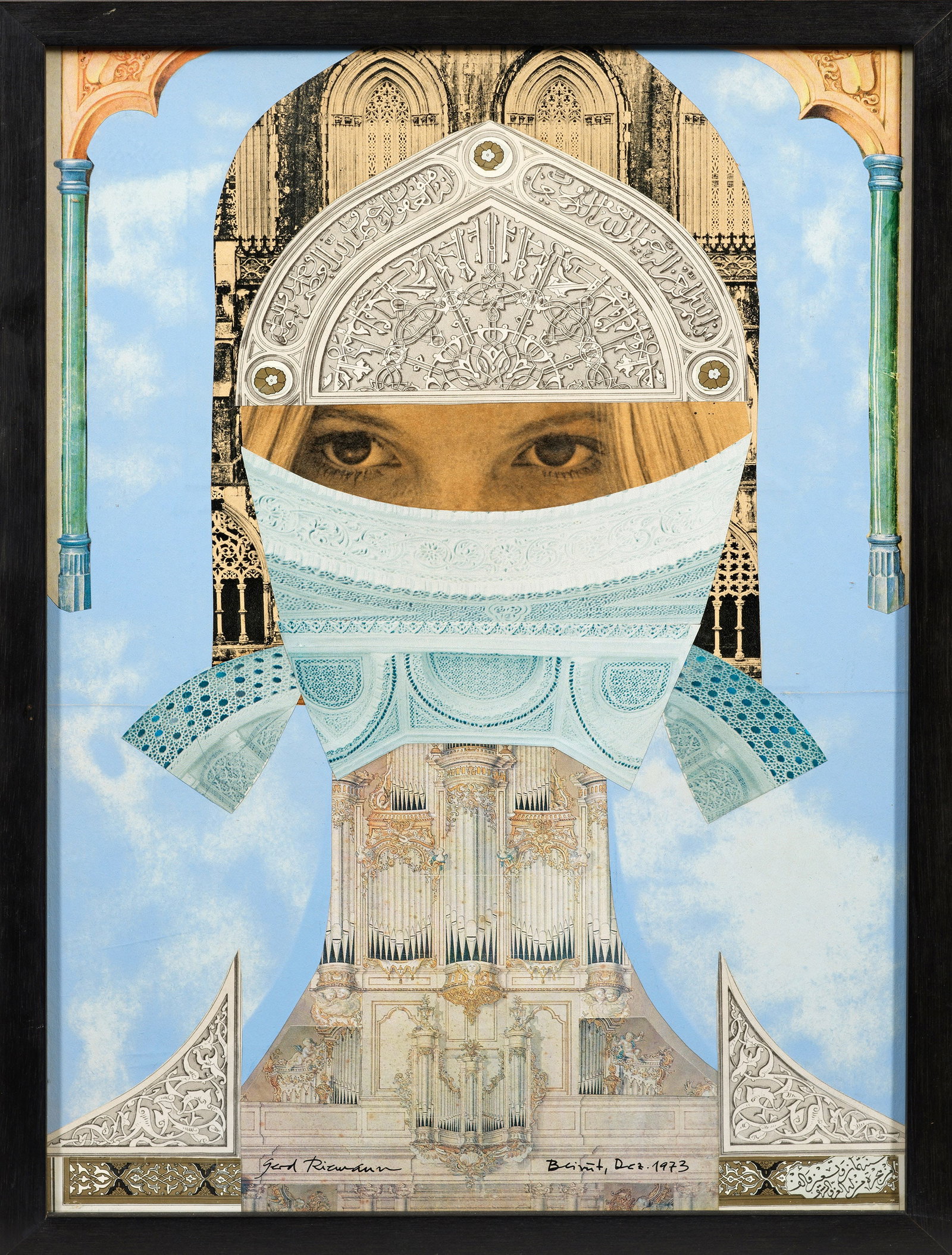 Gerd Riemann: (Tätig im 20. Jh.) "Die Madonna mit der Orgel". Originaltitel Surrealistische Komposition eines verschleierten Damenhaupts über einer großen Kirchenorgel des in Bremen tätig gewesenen Künstlers u