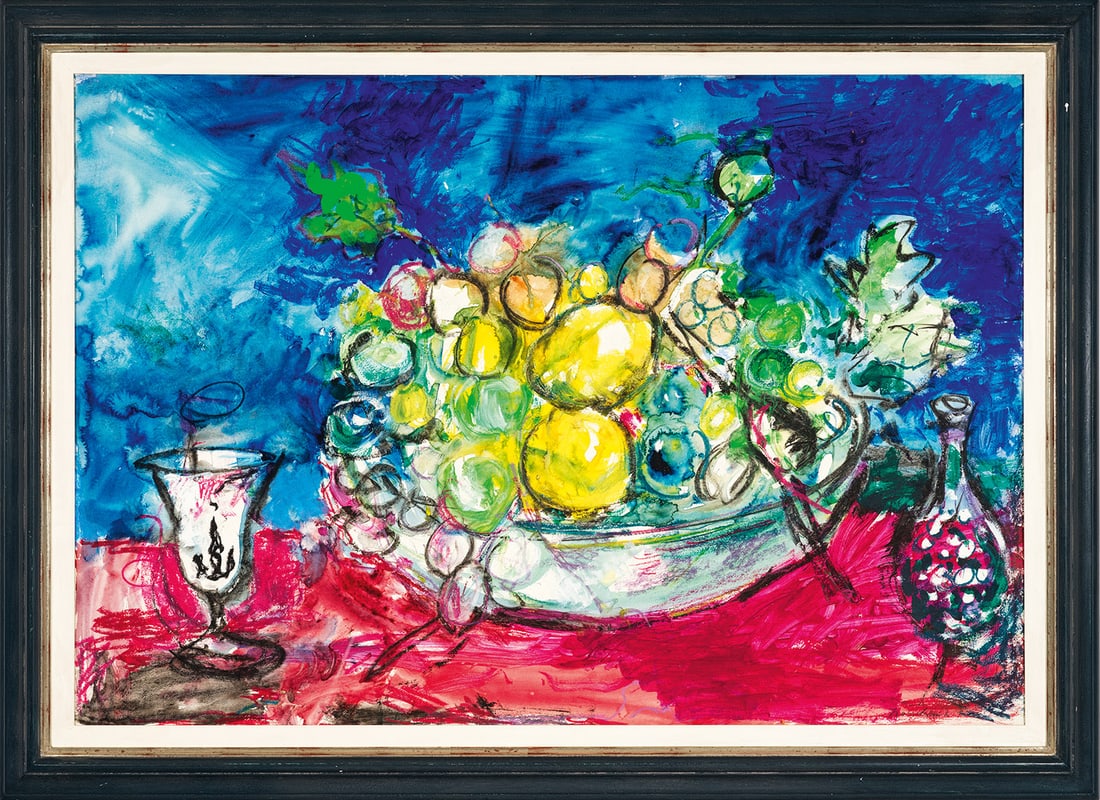 Ernst Hassebrauck: (1905 Dresden - 1974 ebenda) Fruchtschale auf Rot und Blau Expressives, starkfarbiges und mit furiosem Duktus gemaltes, großformatiges Blatt aus den 1960er Jahren, das den Einfluss der Fauvisten und 