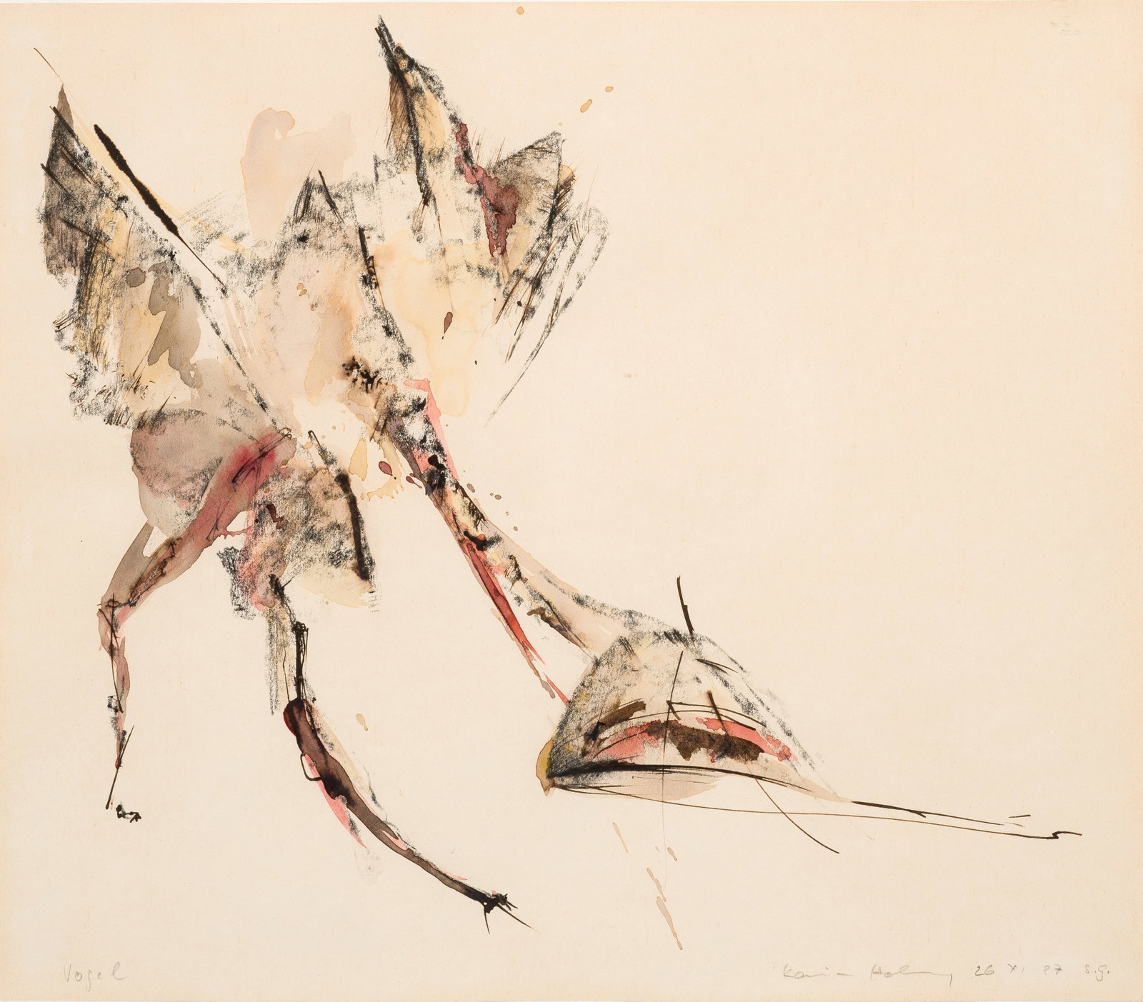 Karin Hollweg: (Geb. 1947 Bremen; Ansässig ebenda) "Vogel". Originaltitel Dynamisch angelegte Vogeldarstellung der Bremer Künstlerin, die bei Prof. Hans Degenhardt und Irmgard Dahms in Bremen Malerei und Zeichnung