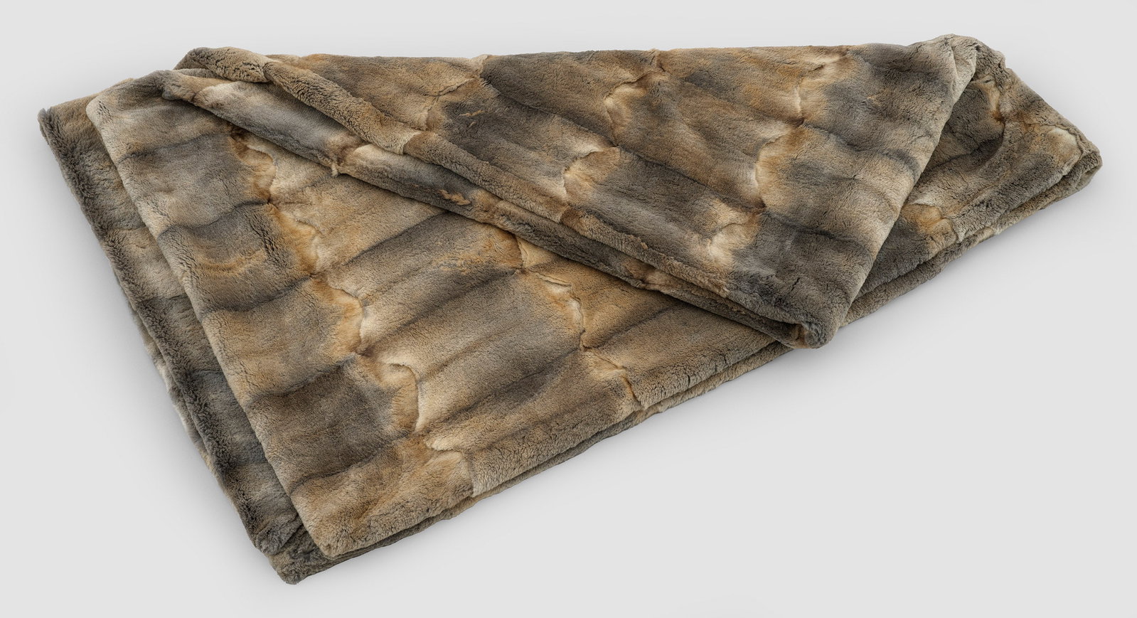 Pelzdecke: Rechteckige Decke aus grau-beige gemustertem, in Rechtecken angelegtem, geschorenen, sog. Samtbisam. Rückseite aus grau-braun gemusterten Woll-Cashmere. 140 cm x 206 cm. A grey musk fur and wool plai