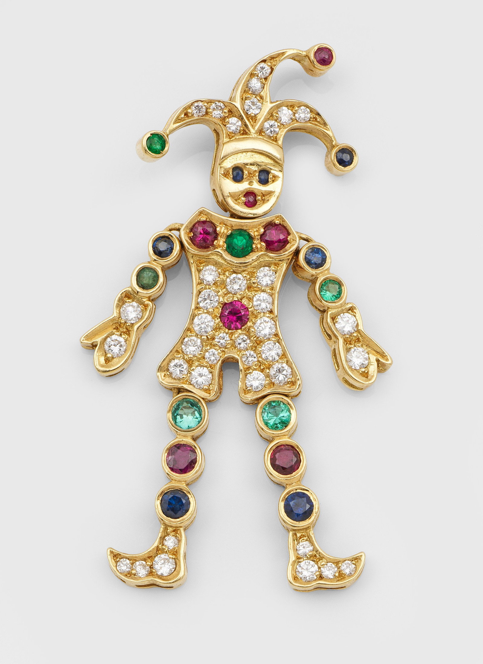 Multicolor-"Harlekin"- Anhänger: Gelbgold, gest. 750. Beweglicher Anhänger, schauseitig besetzt mit Saphiren, Rubinen, Samargden und Diamanten. Gew. ca. 6,12 g. Pendant set with sapphires, rubies, emeralds and diamonds, in 18 k gold