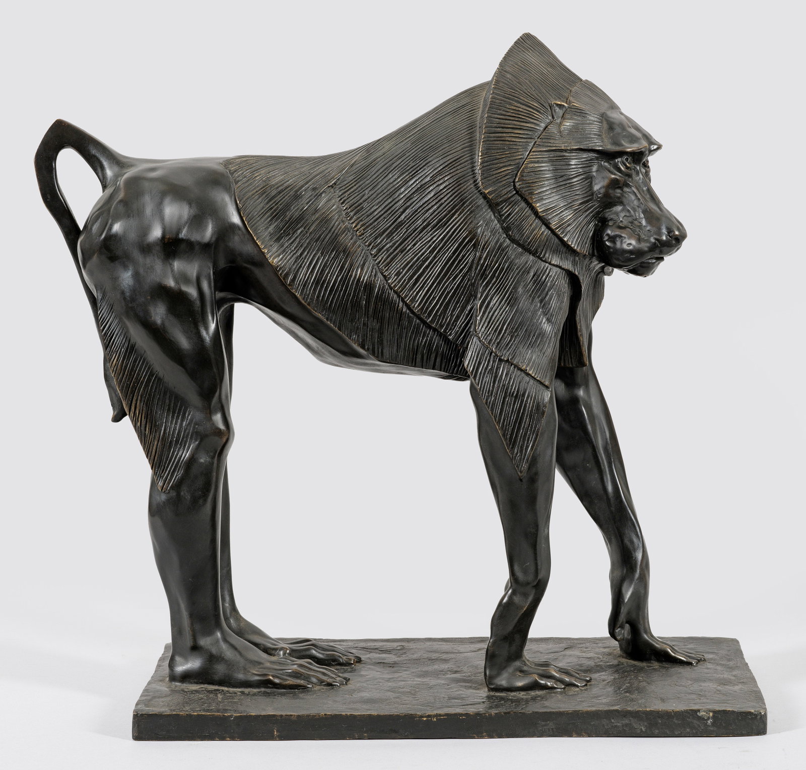 Rembrandt Bugatti: (1884 Mailand - 1916 Paris) nach Babouin sacré "hamadryas" (Mantelpavian) Bronze, dunkel patiniert. Posthumer, zeitgenössischer Guss, Ende 20./Anfang 21. Jh., nach der um 1909/10 geschaffenen, berü