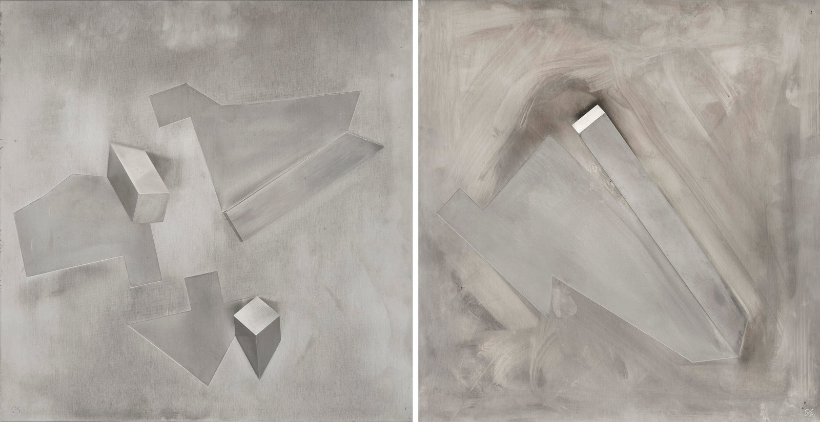 Peter Schwickerath: (Geb. 1942 in Düsseldorf. Ansässig ebenda) Zwei Reliefs mit geometrischen Flächen und Quadratstäben Edelstahl mit gebürsteter bzw. sandgestrahlter Oberfläche, um 1976/77-1993. Jeweils monogr. "P