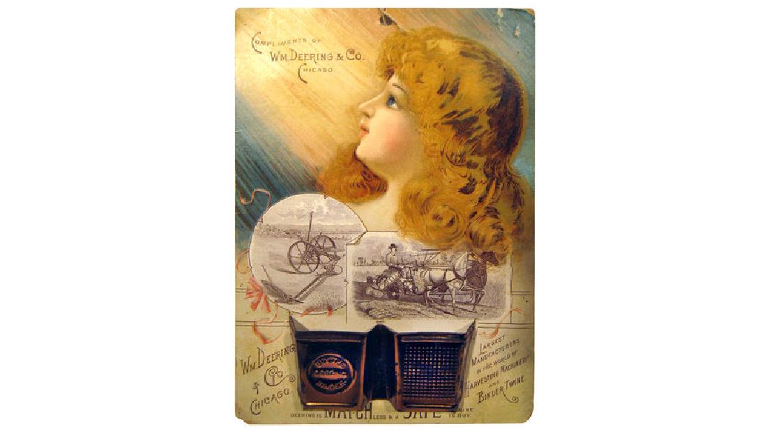 William Deering Harvesting Match Holder 5.25x7.75: - This early heavy paper match safe was produced during the time when William Deering could brag he was The only manufacturer of harvesting machinery in the world - Paper depicts beautiful young girl 