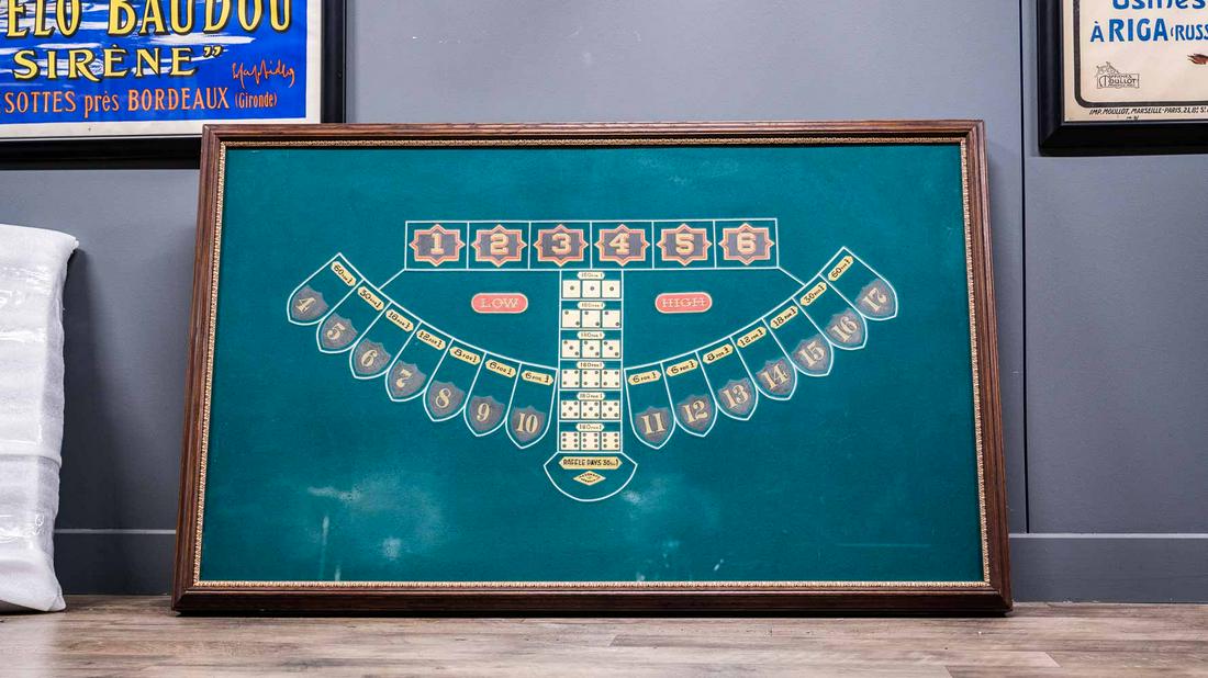 Grand Hazard Chuck-A-Luck Dice Game Framed Table Felt: Lot G217 - Grand Hazard Chuck-A-Luck Dice Game Framed Table Felt