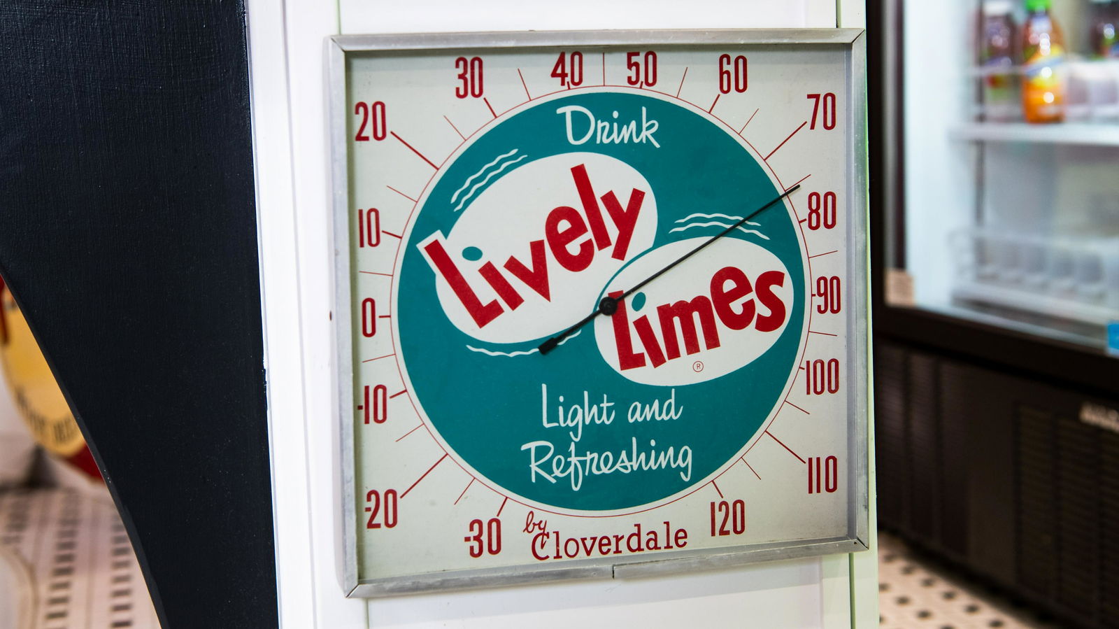 Lively Limes Soda by Cloverdale Thermometer: Lot T348 - Lively Limes Soda by Cloverdale Thermometer HIGHLIGHTS Drink Lively Limes Light and Refreshing Color(s): White, Red, and Blue Dimensions (in): 12x12x1 Location: Big Boy Diner