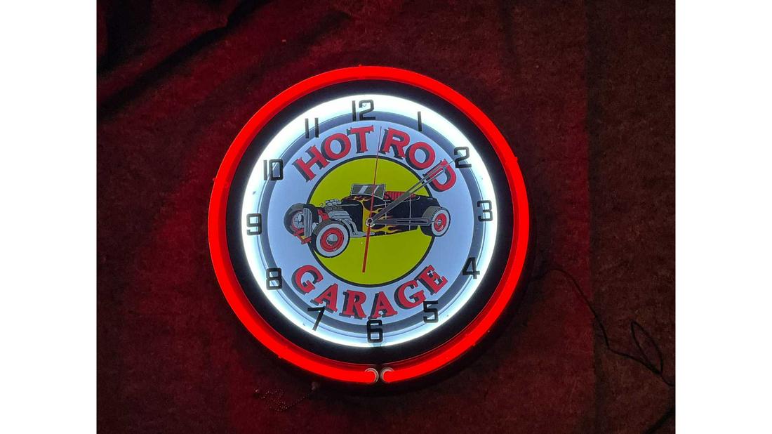 Hot Rod Garage Neon Clock: Lot T2 - Hot Rod Garage Neon Clock HIGHLIGHTS Contemporary* Dimensions (in): 19 *Contemporary means that this piece is modeled after an original.