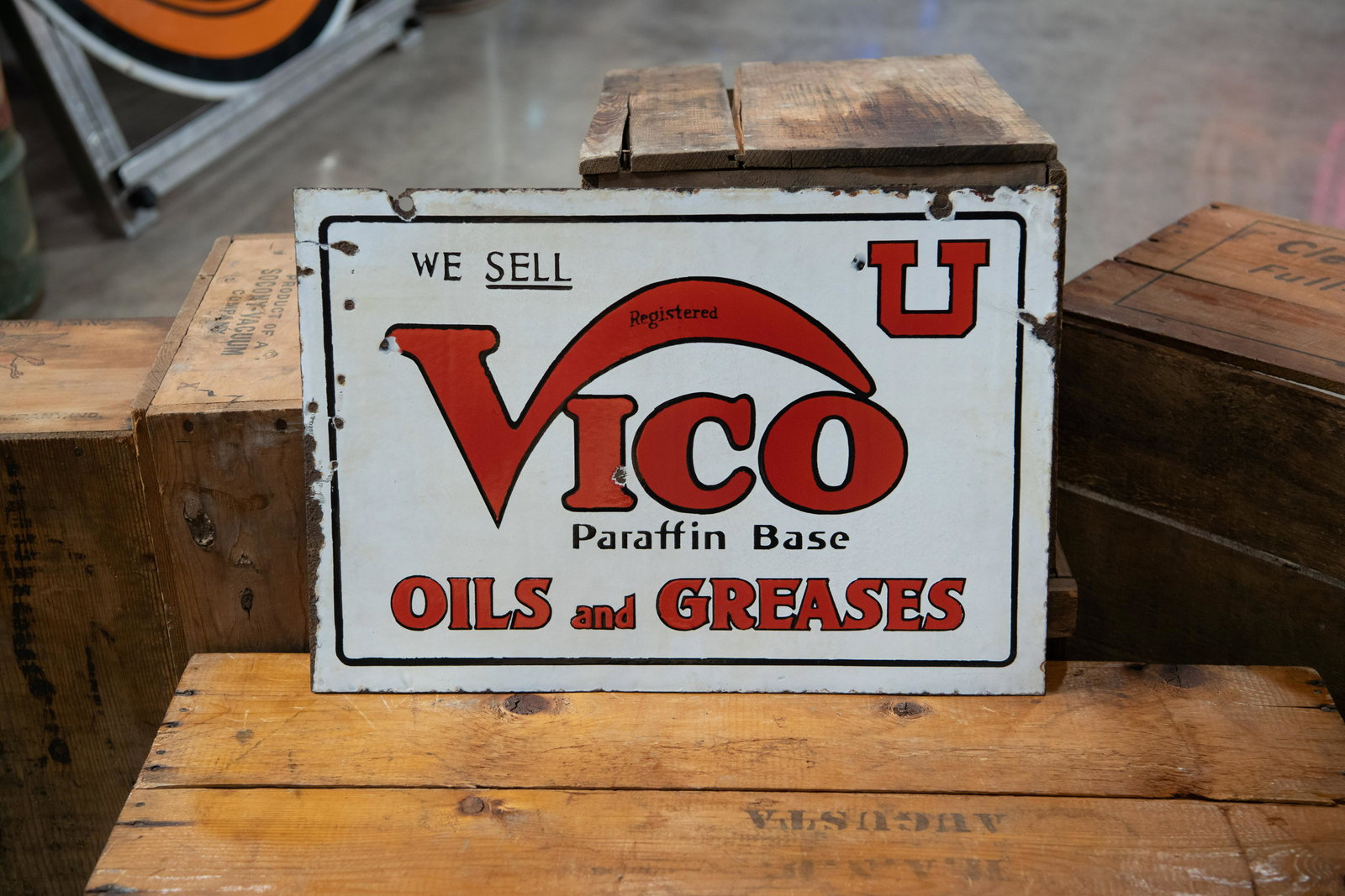 1930s Vico Oils and Greases Double-Sided Porcelain Sign (1 of 10)