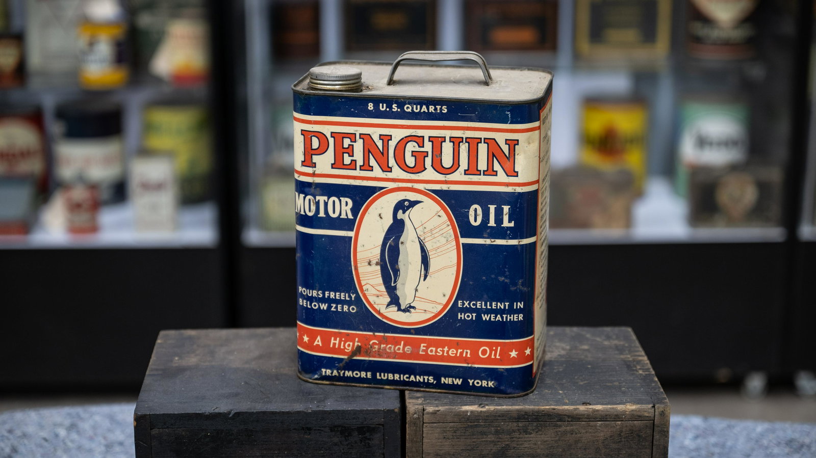 Penguin Motor Oil 8-Quart Oil Can: Lot U32 - Penguin Motor Oil 8-Quart Oil Can HIGHLIGHTS Original* A High Grade Eastern Oil Pours Freely Below Zero, Excellent in Hot Weather Traymore Lubricants, New York Location: Bowtie Room *A desig