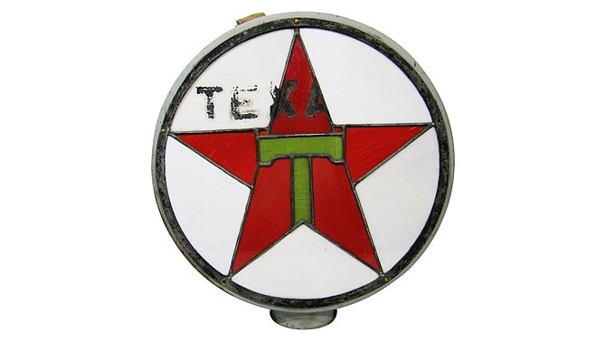 Z53 - Texaco Stained Glass Gas Pump: - Original Globe Body- 2 Lenses- 22x22- 22" leaded glass lenses on original metal body in primer paint- Both lenses missing painted black "c-o" in Texaco- One lens perfect one lens with 6 tight stable