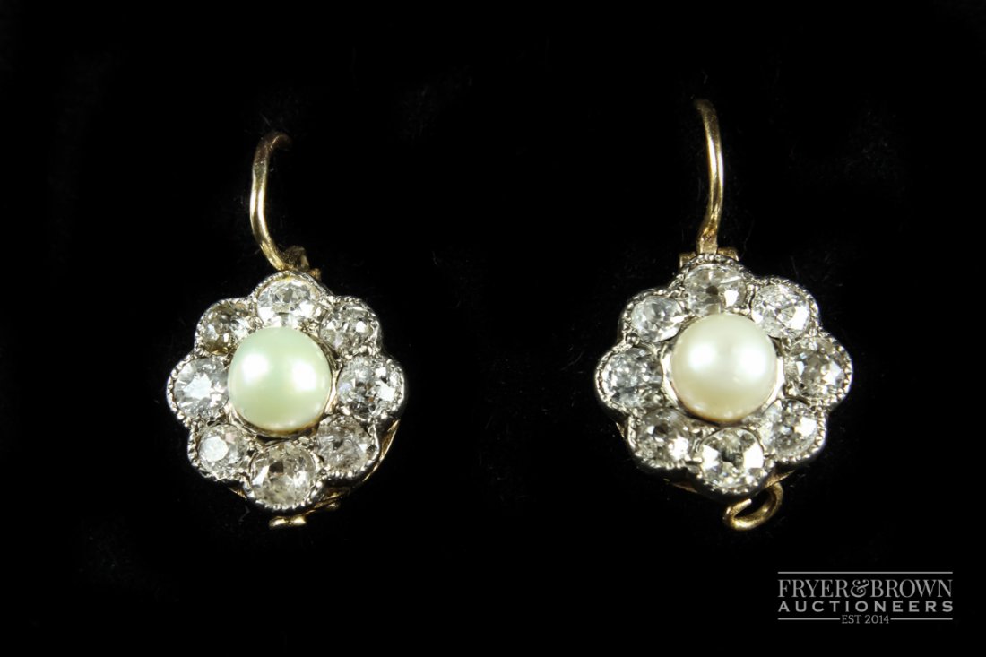 A pair of antique diamond and natural pearl earrings, (1 of 4)