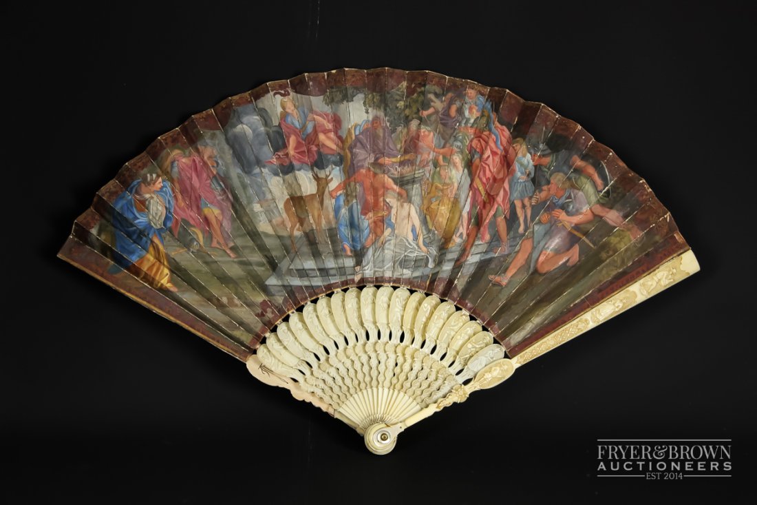An early 18th century fan, the ivory sticks carved with (1 of 7)
