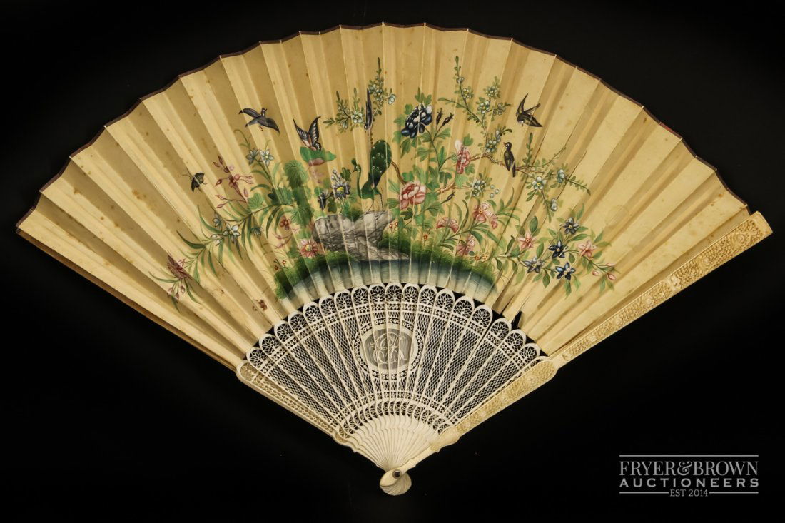 Antique Chinese painted silk fan with pierced ivory (1 of 8)