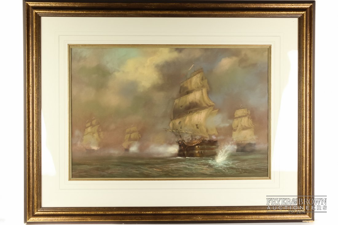 David Mynett - 'In Line of Battle', pastel on paper,: David Mynett - 'In Line of Battle', pastel on paper, verso bears label for Halcyon Galleries, London, Selfridges, 69 x 46cm approx.