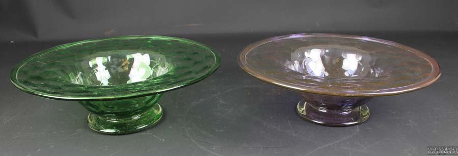 Thomas Webb and Sons for Rembrant Guild, a dichroic: Thomas Webb and Sons for Rembrant Guild, a dichroic purple glass cardinal hat form bowl, with honeycomb design on spreading foot; together with an apple green example, acid etched mark to base, 30cm d