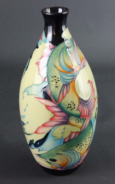 Philip Gibson for Moorcroft pottery, a 'sea bass': Philip Gibson for Moorcroft pottery, a 'sea bass' pattern vase, of slender ovoid form with short everted neck, dated 2001, impressed and painted marks, 24cm high