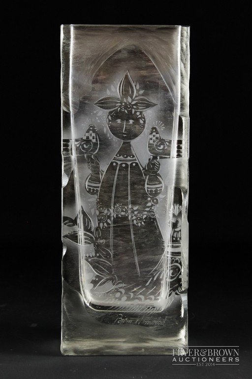 Bjorn Wimblad for Rosenthal studio, glass slab vase,: Bjorn Wimblad for Rosenthal studio, glass slab vase, rectangular section engraved with a female figure holding two birds, signed, acid etched Rosenthal mark to base, 26cm high