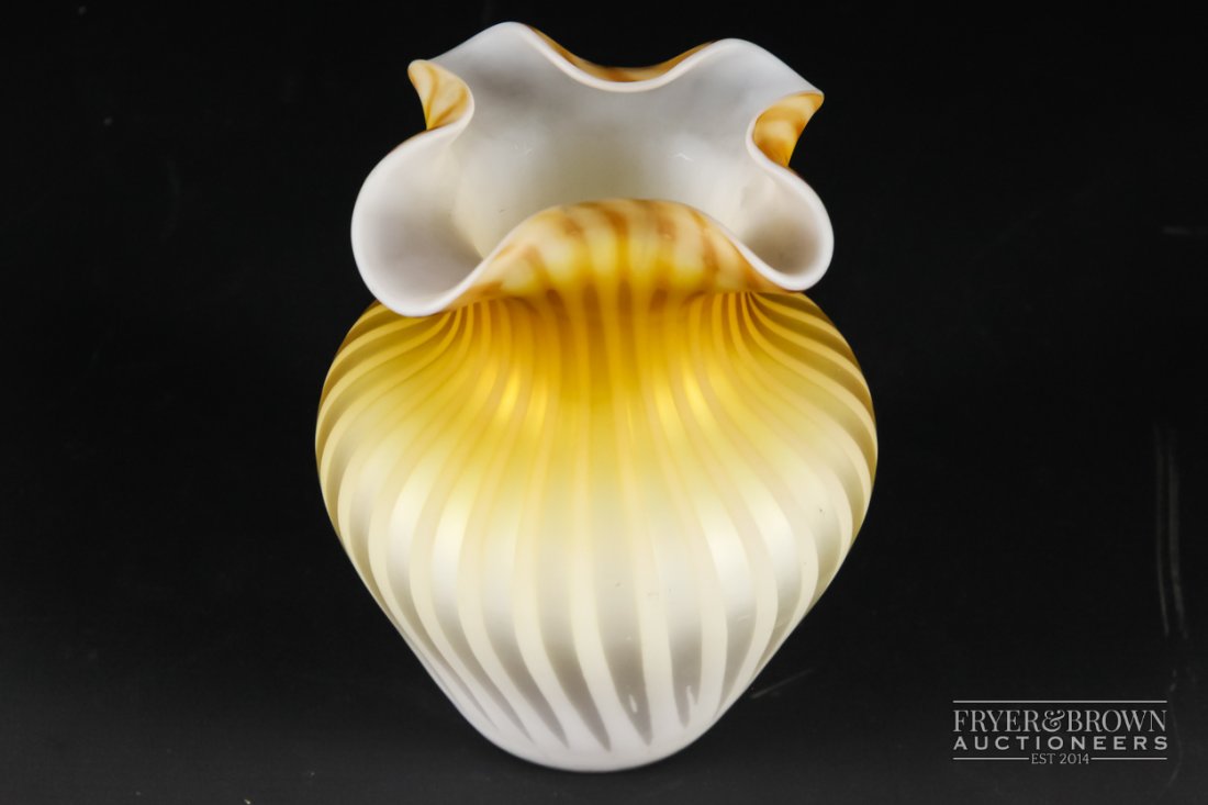 A Stourbridge air trap satin glass vase, of money bag: A Stourbridge air trap satin glass vase, of money bag form, with wavy quatrefoil rim, yellow gold strips, possibly Thomas Webb, 13.5cm high