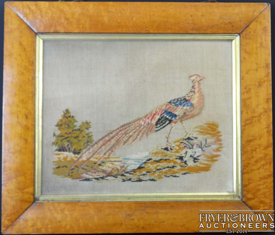 A Woolwork tapestry of a Pheasant,  in birdseye maple (1 of 1)
