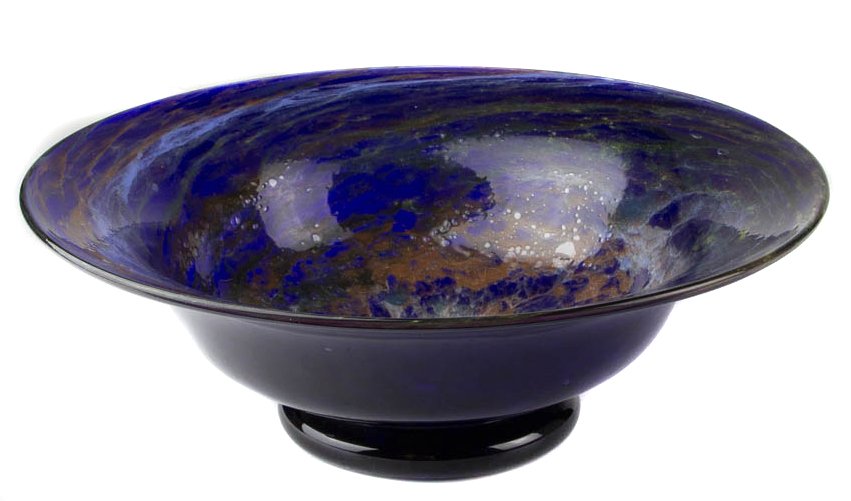 A Thomas Webb blue agate ware bowl, of cardinal hat: A Thomas Webb blue agate ware bowl, of cardinal hat form, cobalt blue with brown/grey variegated inclusions, 30cm high