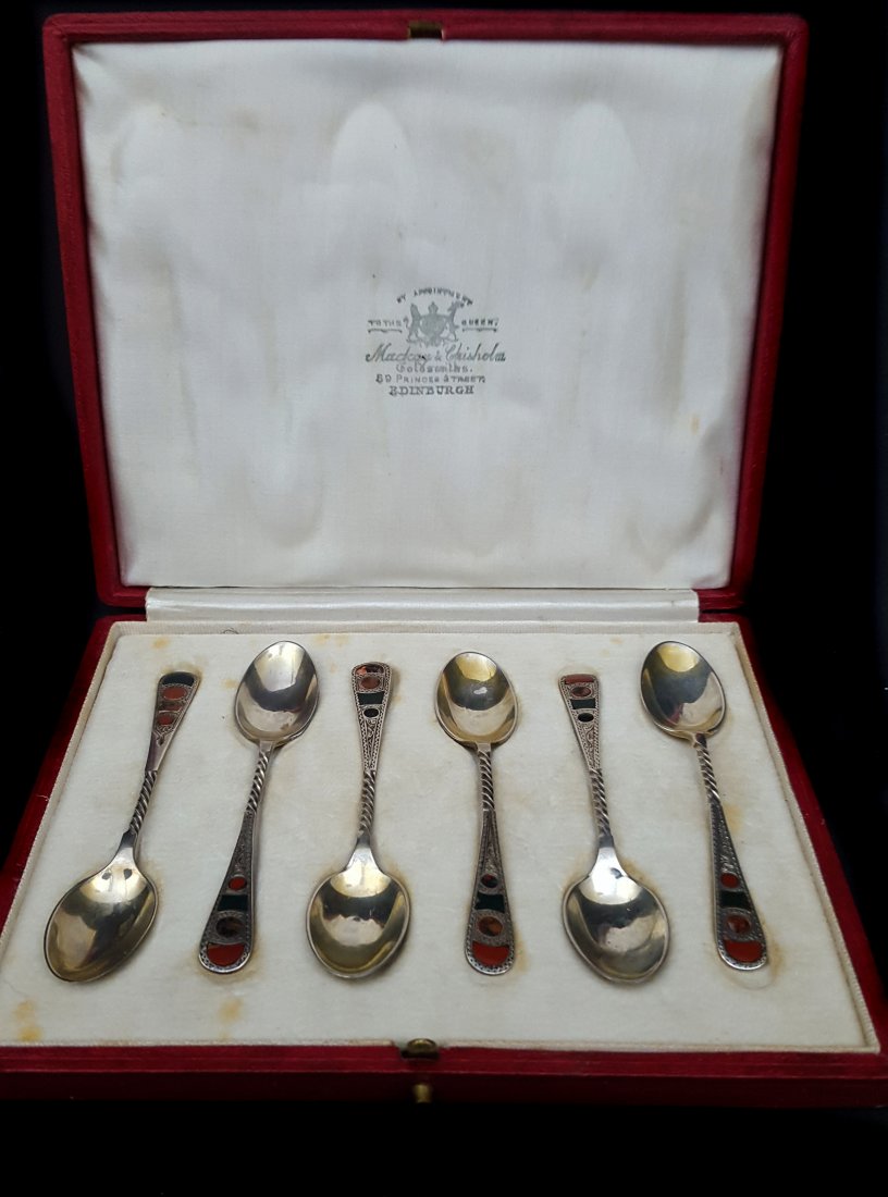 A set of Scottish hardstone set of silver coffee: A set of Scottish hardstone set of silver coffee spoons, with barley twist handles, in fitted case marked Mackay & Chisholm, Edinburgh, Birmingham 1928, makers mark JF of John Alexander Fettes, 54grs