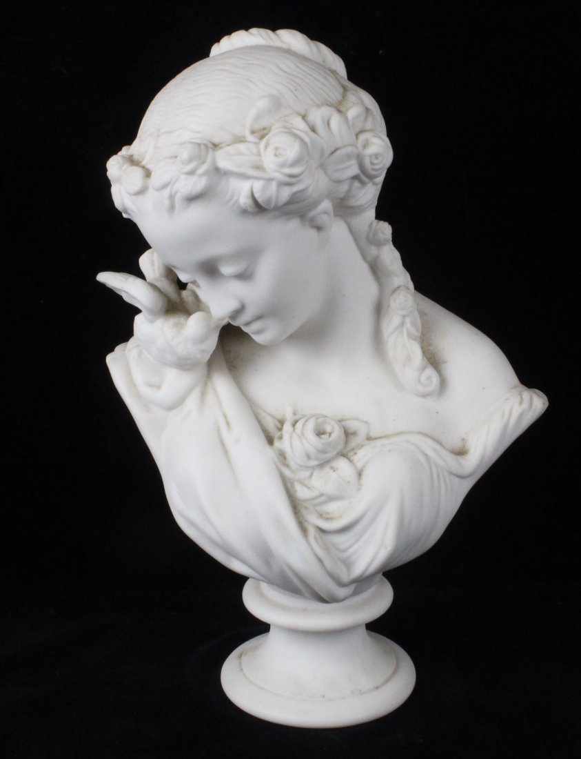 A James and Thomas Bevington Parian porcelain bust of: A James and Thomas Bevington Parian porcelain bust of Lesbia, the young lady with rose strewn hair and dress, a dove perched on one shoulder, impressed marks, 27cm high