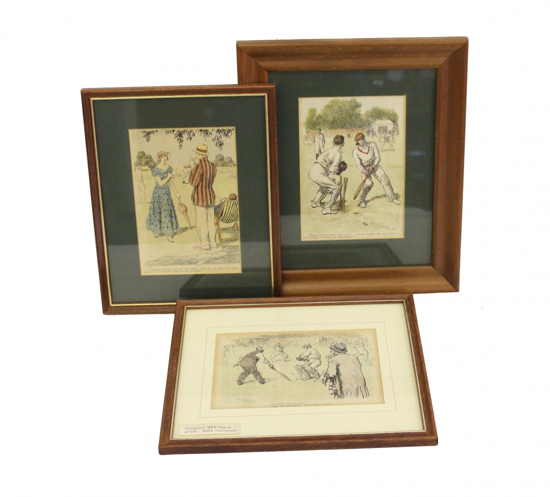 Punch Cricket Interest - pages from Punch, hand: Punch Cricket Interest - pages from Punch, hand coloured framed and glazed (3)