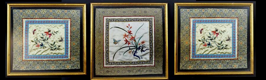 Three Chinese silk embroideries of flowers, rockwork (1 of 4)