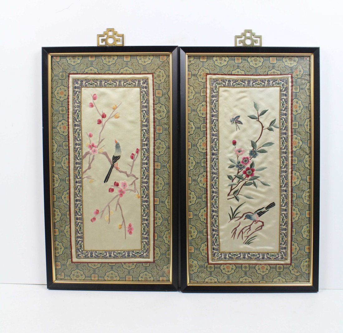 A pair of chinese silk work embroideries of birds with (1 of 3)