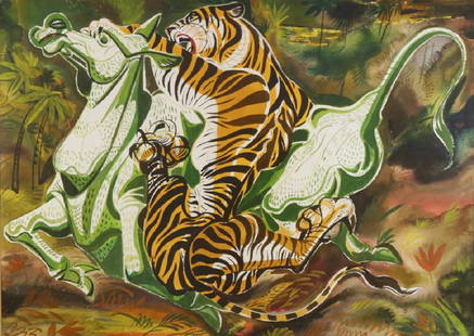 Paul Bough Travis (American 1891 - 1975): Paul Bough Travis (American 1891 - 1975) Tiger and Green Horse, 1959 watercolor on paper signed lower right 20.5 in. h. x 29 in. w.