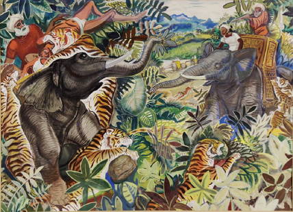 Paul Bough Travis (American 1891 - 1975): Paul Bough Travis (American 1891 - 1975) Maharaja's Hunting Party, 1959 watercolor on paper signed and dated twice 1959 lower right titled, inscribed and dated verso matted 20 in. h. 27 in. w.