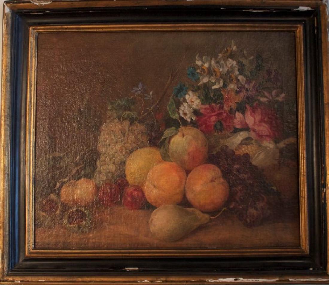19thc. American School, Still Life with Fruit: Still Life with Fruit and Flowers, 19th Century American School Oil on canvas 15.5 in. h. x 19 in. w.