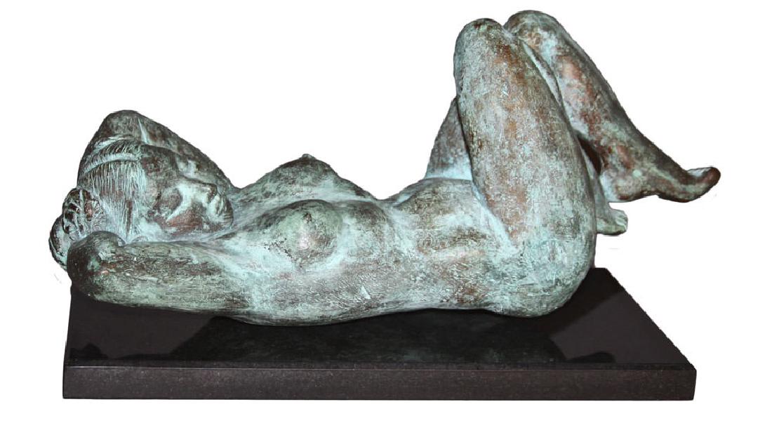Reclining Nude Bronze, 20th century: Reclining Nude Bronze, 20th century Bronze with green patination Signed and numbered illegibly 20 in. l.