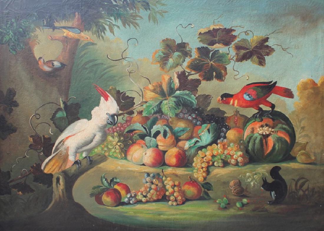 Still Life with Fruit and Birds, c.1930: Still Life with Fruit and Birds, c.1930 Still Life with Fruit on a Ledge, Parrots, Birds and a Squirrel Oil on canvas 44 in. h. x 59.25 in. w.