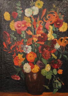 Paul Bough Travis (American 1891 - 1975): Paul Bough Travis (American 1891 - 1975) Floral Still Life Oil on canvas 35.5 in. h. x 25 in. w., canvas 42.5 in. h. x 32.5 in. w., as framed