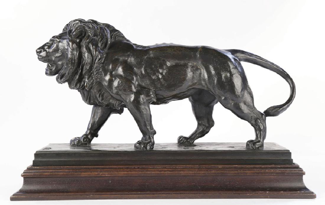 Antoine Louis Bayre (French 1796 - 1875 ): Antoine Louis Bayre (French 1796 - 1875) Le Lion Qui Marche Bronze with blackish green patination Signed on base Modeled before 1847; executed after 1848 Raised on fitted wood base William G. Mather C