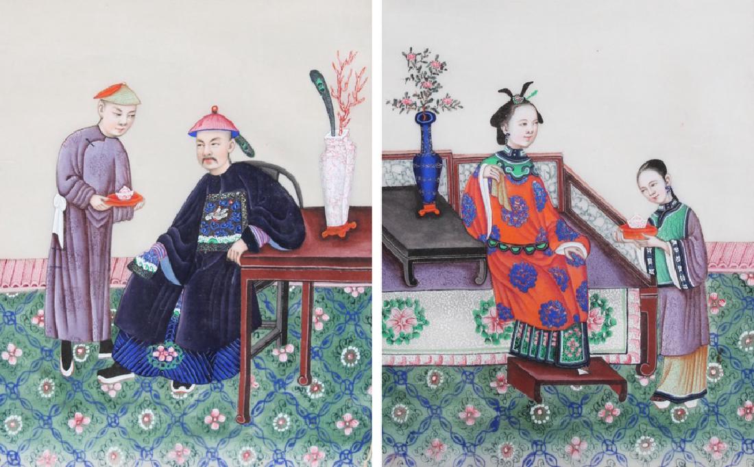 A Pair of Chinese Watercolor Paintings on Pith Paper: A Pair of Chinese Watercolor Paintings on Pith Paper Watercolor Paintings on Pith Paper A male attendant serving tea to a noble, seated beside a table with a vase issuing a peacock feather and a branc