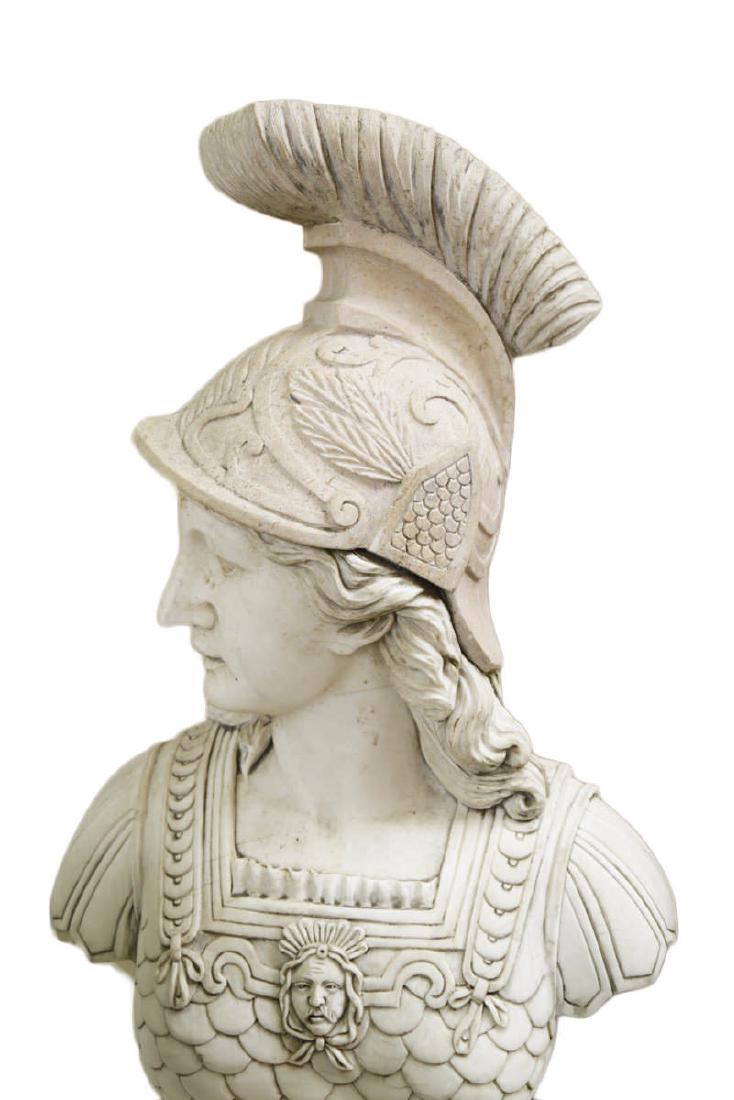 Carved Marble Bust of Athena: Carved Marble Bust of Athena Wearing armor and helmet 37 in. h. x 22 in. w. x 12 in. d.