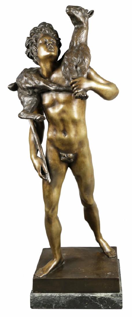 Bronze Figure of Classical Shepherd, after Picault: Bronze Figure of Classical Shepherd, after Emile Louis Picault The nude youth carrying a goat on his shoulders 27 in. h. x 8 in. w. x 8 in. w.