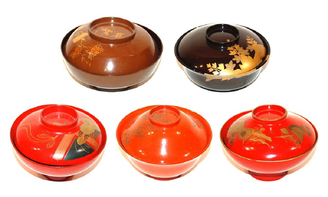 A Group of Five Japanese Lacquerware Covered Bowls (1 of 6)